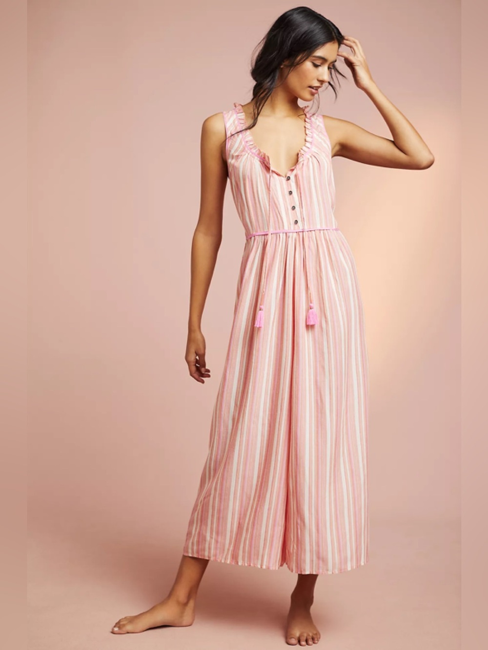 Women’s Pink Stripe Ruffle-Trim Maxi Dress